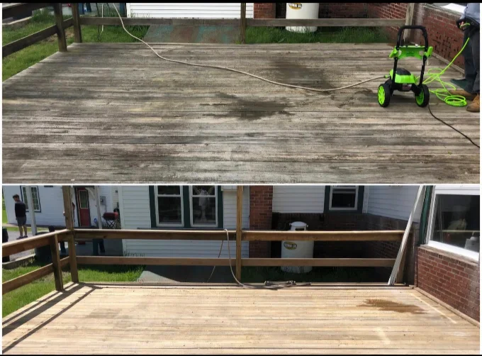 Client before-and-after photo of a weathered wood deck cleaned with pressure washing equipment