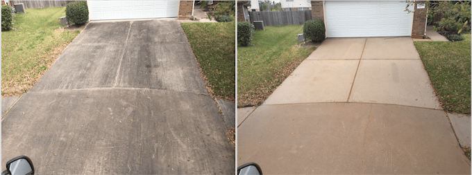 Client before-and-after photo of a residential concrete driveway cleaned with pressure washing