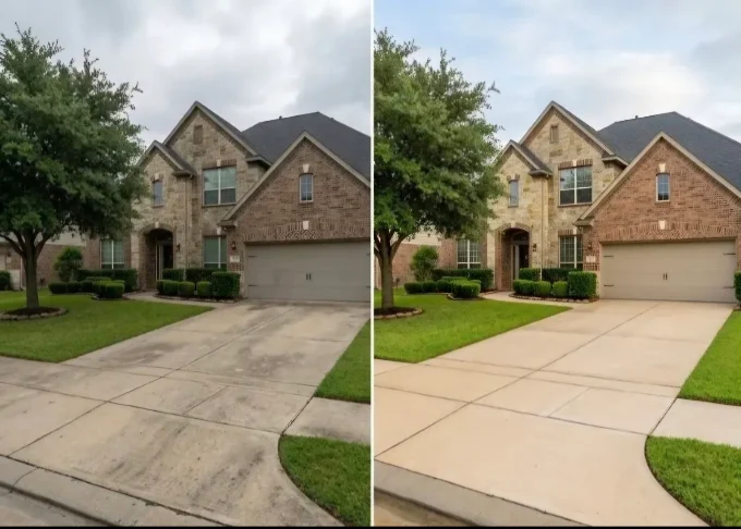 Before and after pressure washing results on a home driveway and exterior